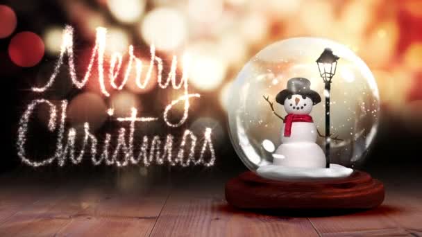 Snowman inside snow globe with christmas greeting — Stock Video