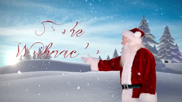 Santa presenting christmas message against snowy fir forest — Stock Video