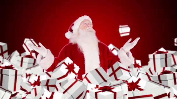 Santa Claus bajo la caída de regalos de Navidad — Vídeo de stock