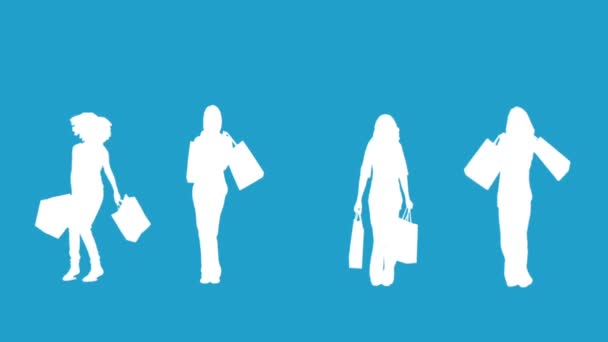 Silhouettes of women with her shopping on blue background — Stock Video