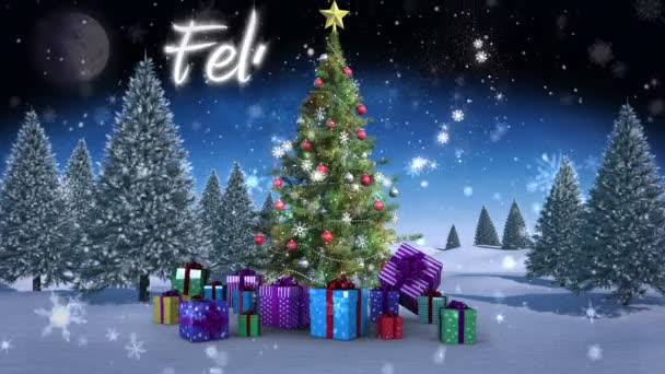 Merry Christmas bericht verschijnen in het besneeuwde landschap — Stockvideo