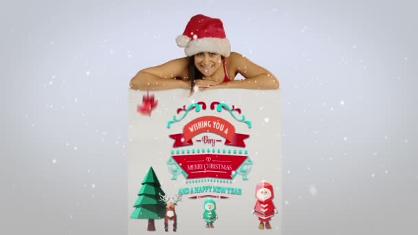 Праздничная брюнетка с рождественской открыткой — стоковое видео