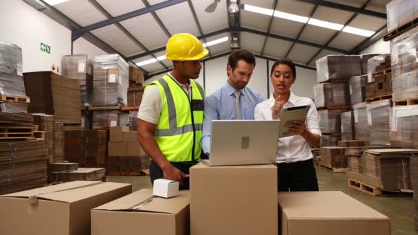 Менеджеры склада и работник смотрит на ноутбук — стоковое видео