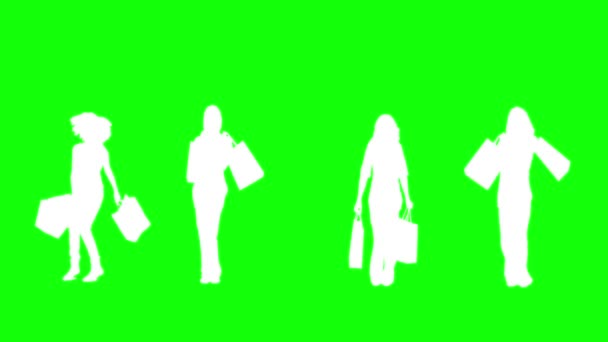 Siluetas de mujeres con sus compras sobre fondo verde — Vídeos de Stock