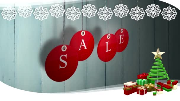 Red sale tags hanging against wood with festive border — Stock Video