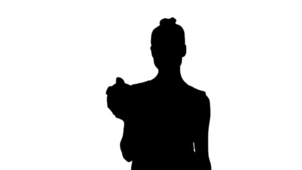 Mulher sacudindo mealheiro em silhueta preta — Vídeo de Stock