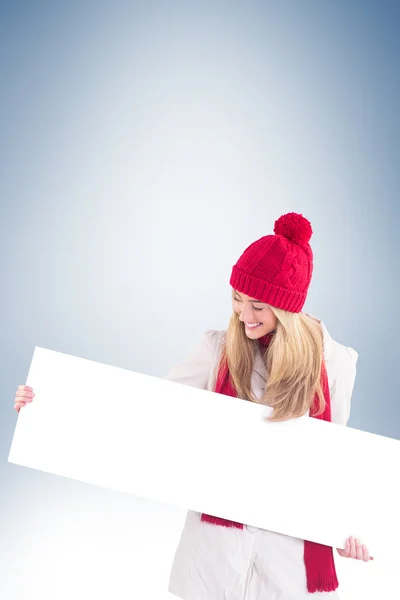 Pretty blonde showing white banner — Stock Photo, Image