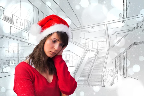 悲伤的女人，在圣诞老人的帽子 — 图库照片