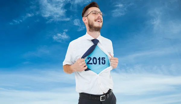 Geeky hipster opening shirt superhero — Stock Photo, Image