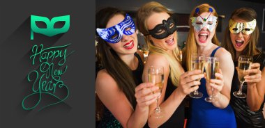 Friends with masks on holding champagne clipart