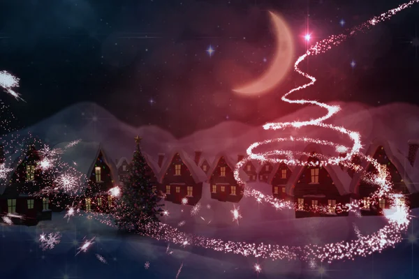 Aranyos karácsonyi falu éjjel kompozit kép — Stock Fotó