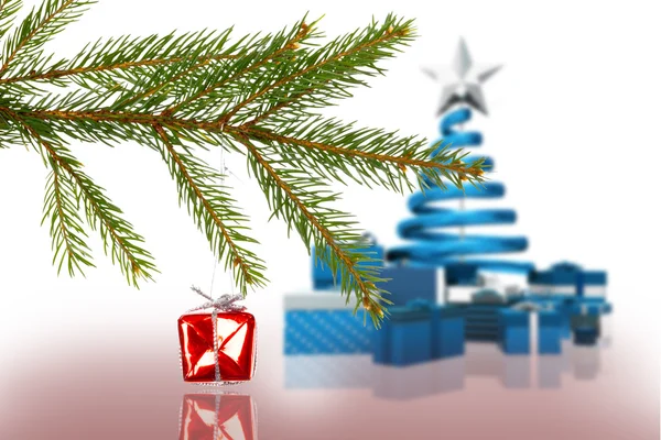 Zusammengesetztes Bild von roter Weihnachtsdekoration, die am Ast hängt — Stockfoto