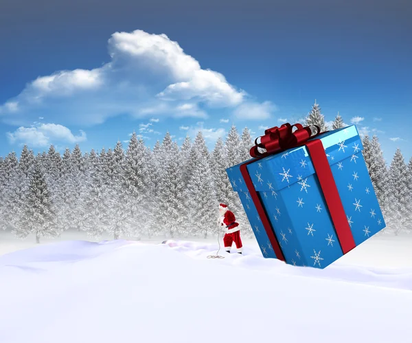 Zusammengesetztes Bild des Weihnachtsmannes, der großes Geschenk liefert — Stockfoto