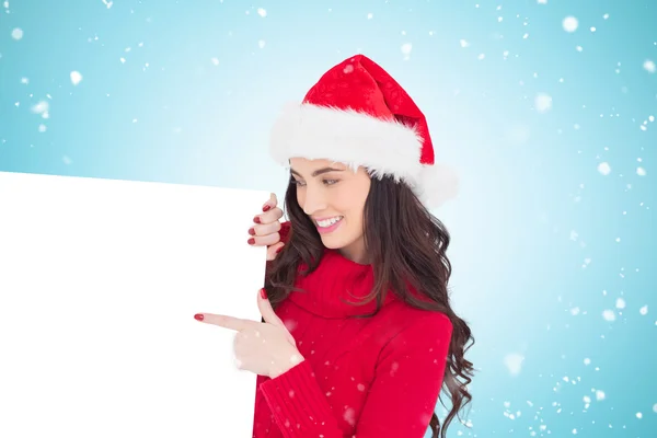 Brunette pointing white poster — Stock Photo, Image