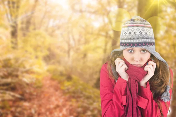 Cold redhead wearing coat and hat — Stock Photo, Image