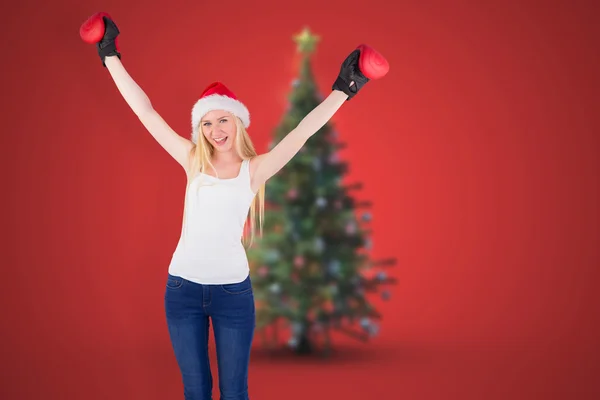 Blonde cheering with boxing gloves — Stock Photo, Image