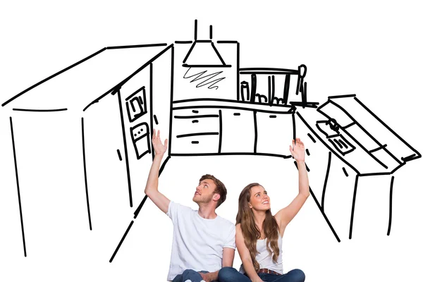 Couple against kitchen sketch — Stock Photo, Image