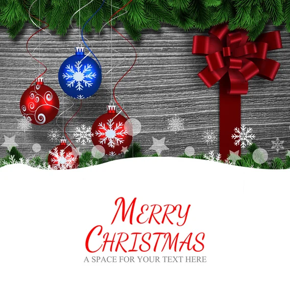 Frohe Weihnachten gegen Christbaumkugeln — Stockfoto