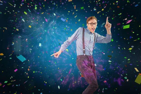 Geeky hipster dancing to vinyl — Stock Photo, Image