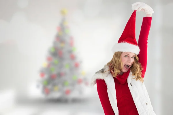 Noel Baba şapkası tezahürat kadında — Stok fotoğraf
