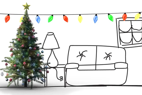 Árbol de Navidad contra el dibujo de la habitación — Foto de Stock