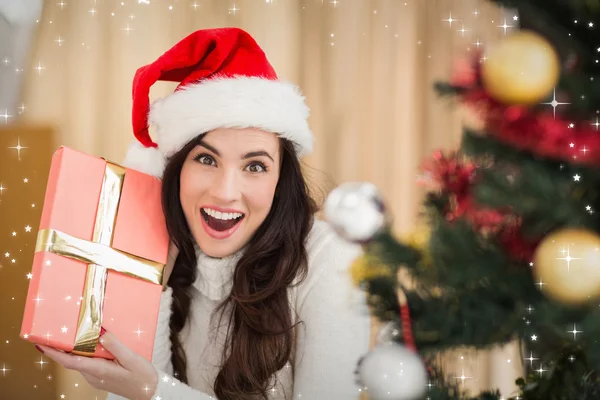 Festive woman standing holding gift — Stock Photo, Image