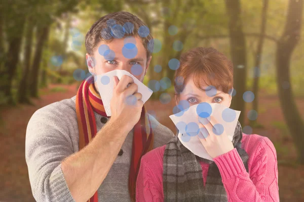 Couple blowing noses into tissues — Stock Photo, Image