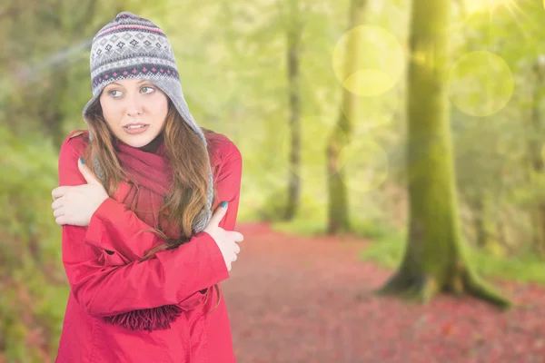 Cold redhead wearing coat and hat — Stock Photo, Image