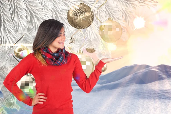 Beautiful brunette with hand out — Stock Photo, Image