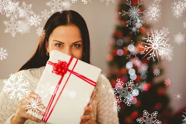 Pretty brunette holding christmas present — Stock Photo, Image