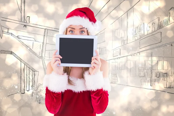 Pretty santa girl holding tablet — Stock Photo, Image