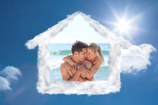 Obraz kompozytowy szczęśliwy kochanków na plaży — Zdjęcie stockowe