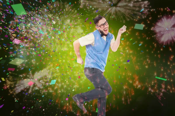 Geeky hipster dancing and smiling — Stock Photo, Image