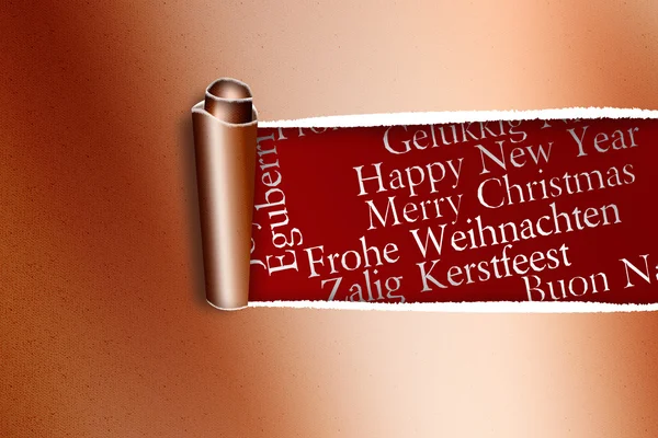 Rip in gold paper against holiday greetings — Stock Photo, Image