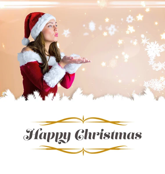 Girl in santa costume holding hand out — Stock Photo, Image