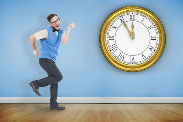 Geeky hipster dancing and smiling — Stock Photo, Image