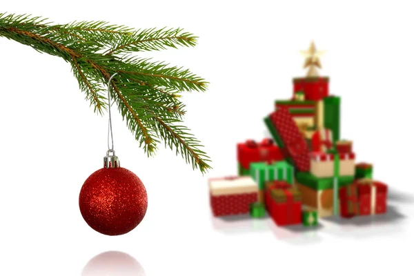 Sammansatt bild av röd christmas småsak hängande från gren — Stockfoto