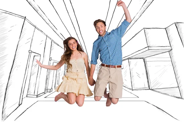Joyeux jeune couple sautant — Photo