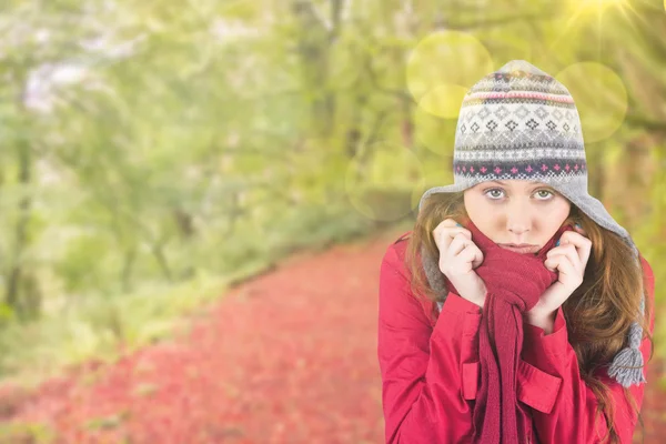 Cold redhead wearing coat and hat — Stock Photo, Image