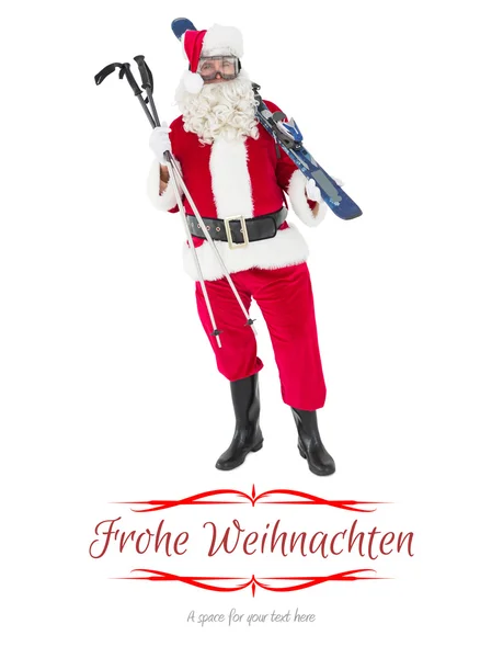 Santa claus holding ski and ski poles — Stock Photo, Image