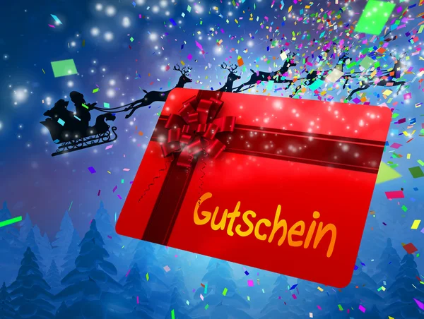 Weihnachtsmann fliegt hinter Geschenkkarte — Stockfoto