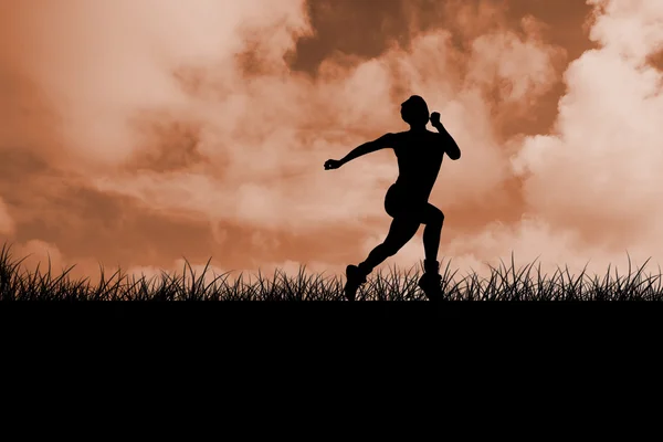 Brunette running against cloud filled sky — Stock Photo, Image