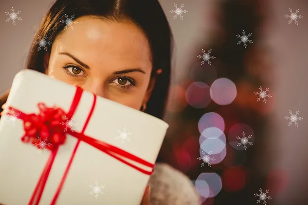 Pretty brunette holding christmas present — Stock Photo, Image