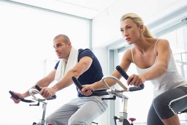 Pareja decidida trabajando en bicicletas estáticas en el gimnasio —  Fotos de Stock