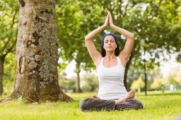 Brunette sitting in lotus pose on grass — Stock Photo, Image