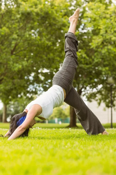 Fredlig brunt hår gör yoga på gräs — Stockfoto