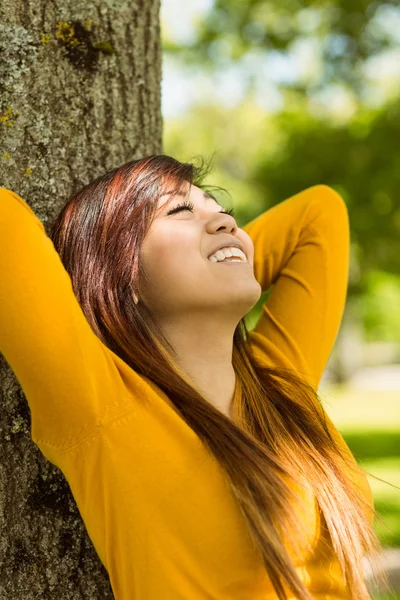 Frau sitzt im Park gegen Baum — Stockfoto