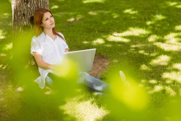 漂亮的红发女郎坐对一根树干用她的笔记本电脑 — 图库照片