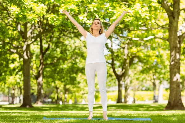 Parkta yoga yaparken huzurlu sarışın — Stok fotoğraf