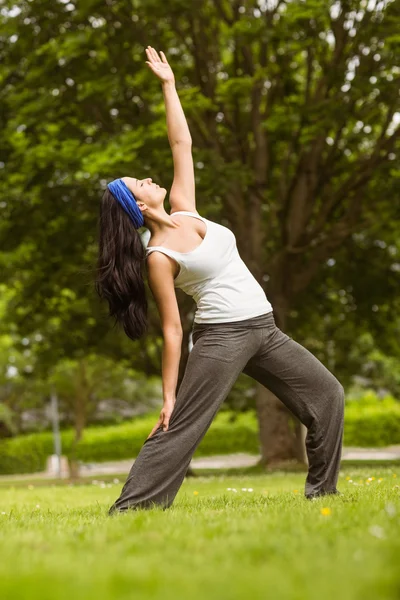 Cheveux bruns joyeux faisant du yoga sur l'herbe — Photo